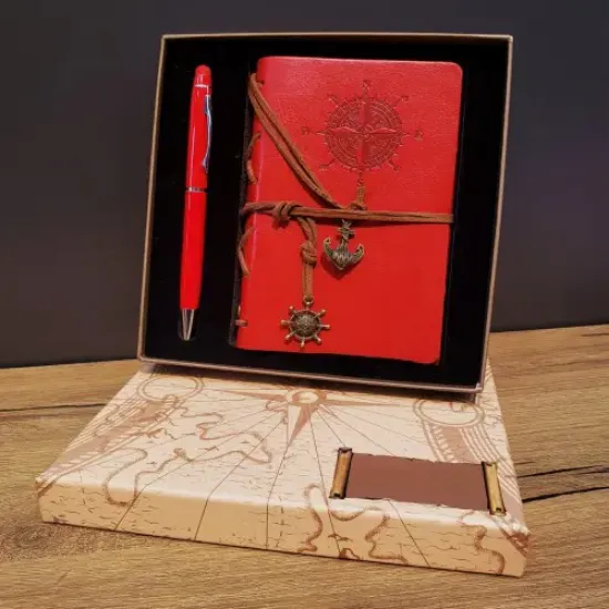 Kırmızı Pusula Tasarım Deri Defter Ve Touchpen Kalem Seti  resmi