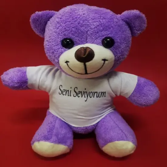 Seni Seviyorum Tişörtlü Mor Peluş Ayıcık resmi