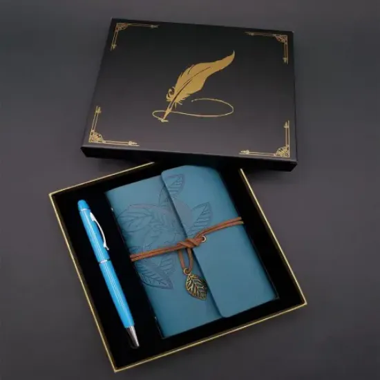 Siyah Kutulu Yaprak Desenli Mavi Deri Defter Ve Kalem Seti resmi