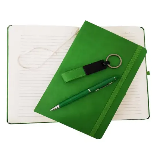 Yeşil Termo Deri Defter, Kalem ve Anahtarlık Seti resmi
