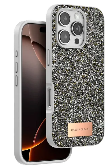 Onegif iPhone 16 Pro Max Bright Simli Kapak - Gümüş resmi