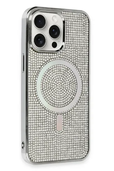 Newface iPhone 15 Pro Kılıf Diamond Magsafe Kapak - Gümüş resmi