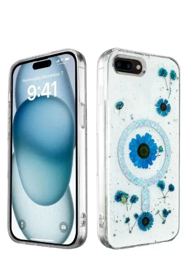 Newface iPhone 7 Kılıf Daisy Simli Magsafe Kapak - Mavi resmi