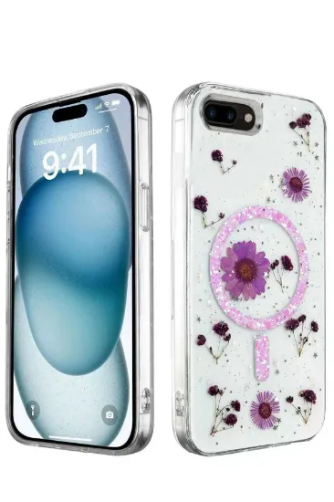 Newface iPhone 7 Plus Kılıf Daisy Simli Magsafe Kapak - Mor resmi