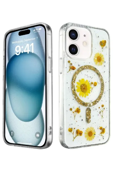 Newface iPhone 12 Kılıf Daisy Simli Magsafe Kapak - Gold resmi