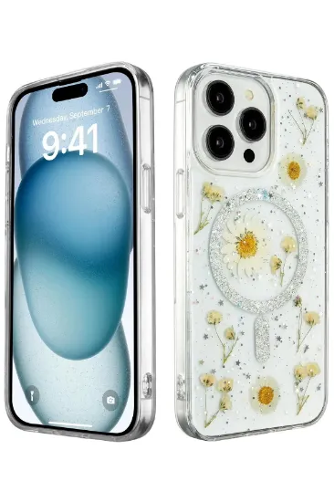 Newface iPhone 14 Pro Kılıf Daisy Simli Magsafe Kapak - Gümüş resmi