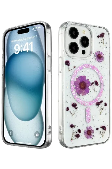 Newface iPhone 14 Pro Max Kılıf Daisy Simli Magsafe Kapak - Mor resmi