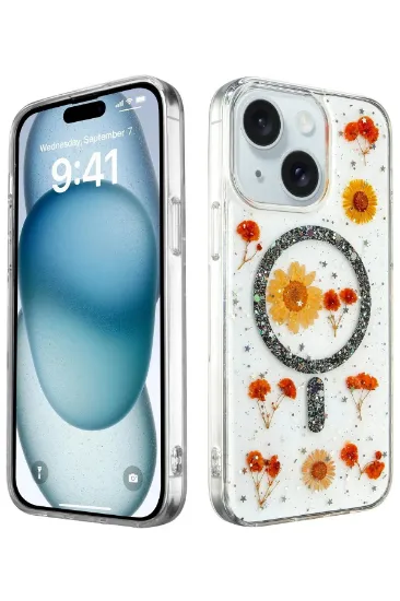 Newface iPhone 15 Kılıf Daisy Simli Magsafe Kapak - Siyah resmi