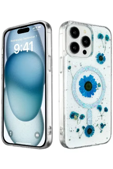 Newface iPhone 15 Pro Kılıf Daisy Simli Magsafe Kapak - Mavi resmi