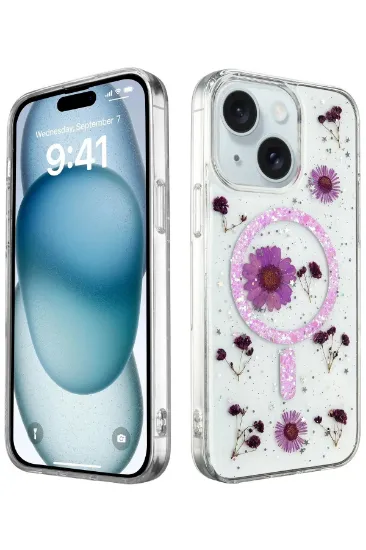 Newface iPhone 15 Plus Kılıf Daisy Simli Magsafe Kapak - Mor resmi
