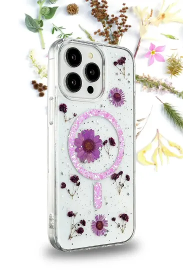 Newface iPhone 15 Plus Kılıf Daisy Simli Magsafe Kapak - Mor resmi