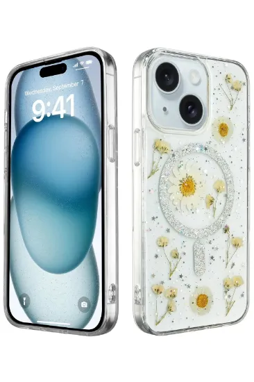 Newface iPhone 15 Plus Kılıf Daisy Simli Magsafe Kapak - Gümüş resmi