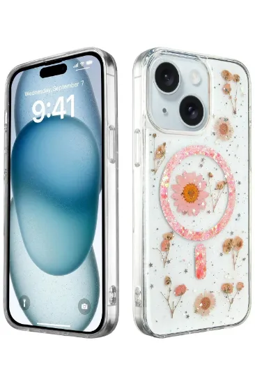 Newface iPhone 15 Plus Kılıf Daisy Simli Magsafe Kapak - Pembe resmi