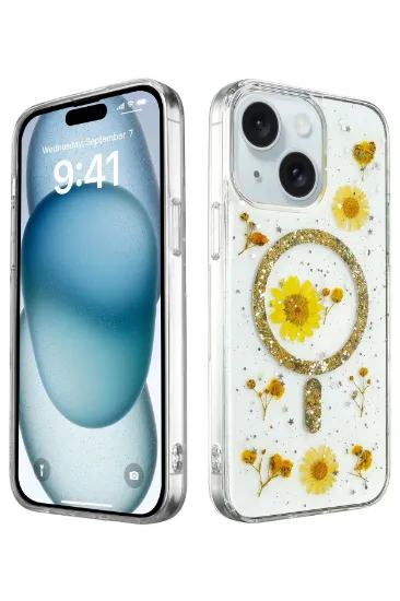 Newface iPhone 15 Plus Kılıf Daisy Simli Magsafe Kapak - Gold resmi