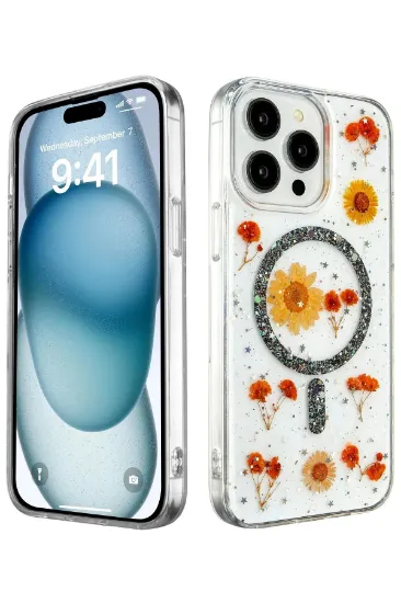 Newface iPhone 15 Pro Max Kılıf Daisy Simli Magsafe Kapak - Siyah resmi