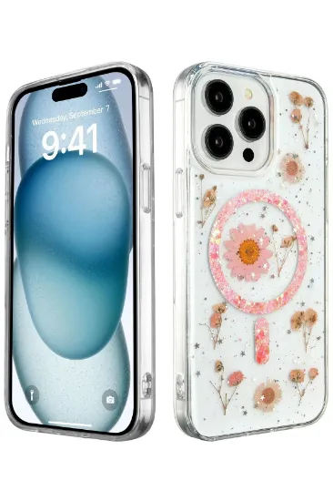 Newface iPhone 15 Pro Max Kılıf Daisy Simli Magsafe Kapak - Pembe resmi