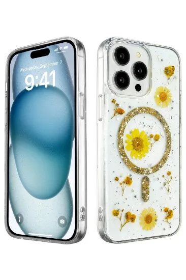 Newface iPhone 15 Pro Max Kılıf Daisy Simli Magsafe Kapak - Gold resmi
