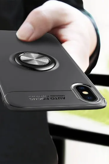 Newface iPhone XS Max Kılıf Range Yüzüklü Silikon - Siyah-Mavi resmi