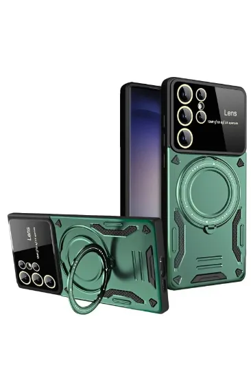 Newface Samsung Galaxy S24 Ultra Kılıf Joy Lens Standlı Kapak - Koyu Yeşil resmi