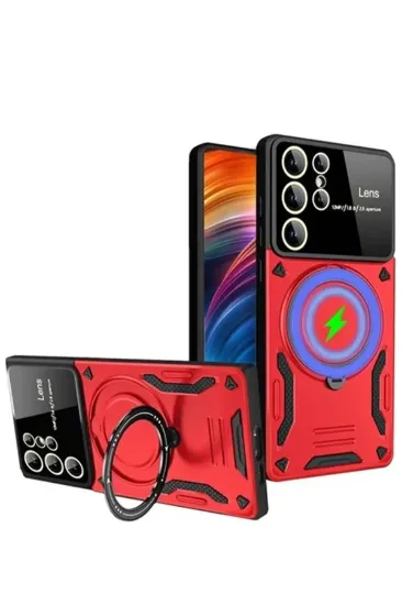 Newface Samsung Galaxy S24 Ultra Kılıf Joy Lens Standlı Kapak - Kırmızı resmi