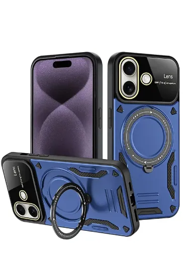 Newface iPhone 16 Kılıf Joy Lens Standlı Kapak - Lacivert resmi