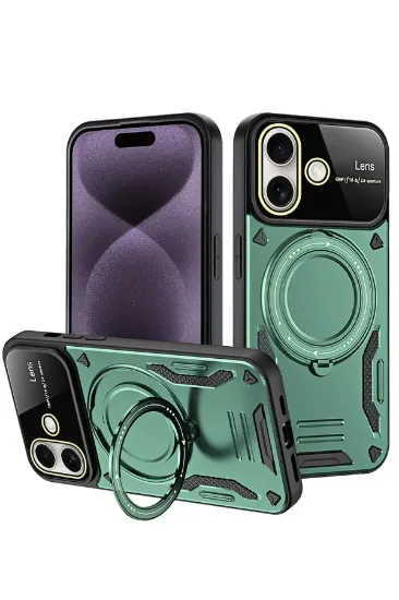 Newface iPhone 16 Kılıf Joy Lens Standlı Kapak - Koyu Yeşil resmi
