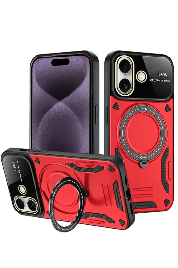 Newface iPhone 16 Kılıf Joy Lens Standlı Kapak - Kırmızı resmi