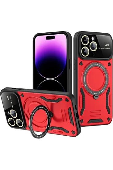Newface iPhone 16 Pro Kılıf Joy Lens Standlı Kapak - Kırmızı resmi
