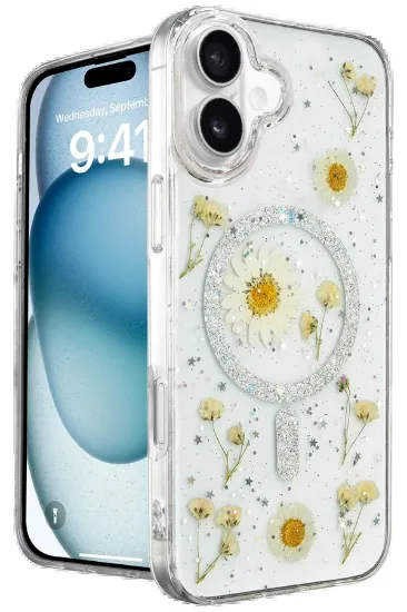 Newface iPhone 16 Kılıf Daisy Simli Magsafe Kapak - Gümüş resmi