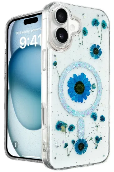 Newface iPhone 16 Kılıf Daisy Simli Magsafe Kapak - Mavi resmi