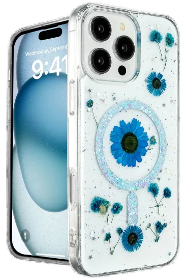 Newface iPhone 16 Pro Kılıf Daisy Simli Magsafe Kapak - Mavi resmi