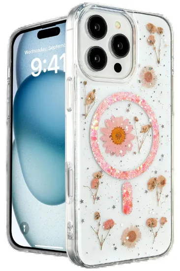 Newface iPhone 16 Pro Kılıf Daisy Simli Magsafe Kapak - Pembe resmi