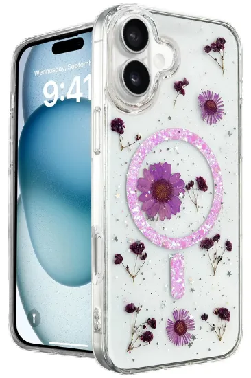 Newface iPhone 16 Plus Kılıf Daisy Simli Magsafe Kapak - Mor resmi