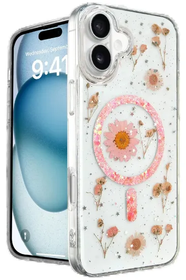 Newface iPhone 16 Plus Kılıf Daisy Simli Magsafe Kapak - Pembe resmi