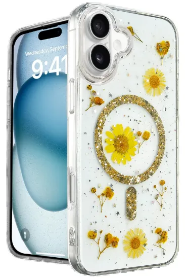 Newface iPhone 16 Plus Kılıf Daisy Simli Magsafe Kapak - Gold resmi