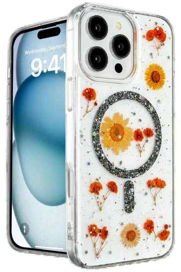 Newface iPhone 16 Pro Max Kılıf Daisy Simli Magsafe Kapak - Siyah resmi