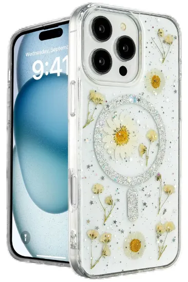 Newface iPhone 16 Pro Max Kılıf Daisy Simli Magsafe Kapak - Gümüş resmi