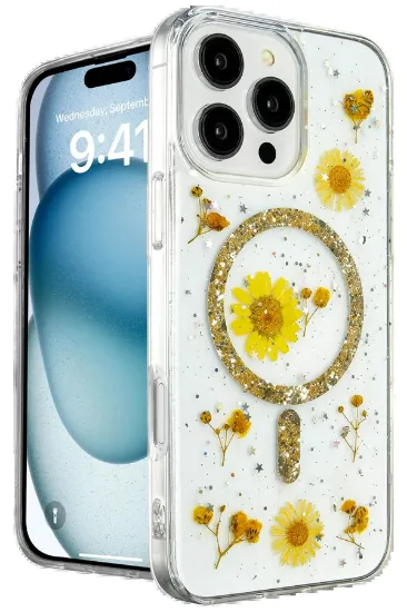 Newface iPhone 16 Pro Max Kılıf Daisy Simli Magsafe Kapak - Gold resmi