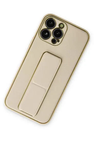 Newface iPhone 13 Pro Max Kılıf Coco Deri Standlı Kapak - Gold resmi