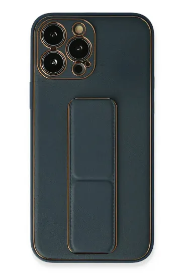 Newface iPhone 13 Pro Kılıf Coco Deri Standlı Kapak - Mavi resmi