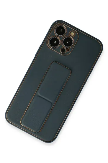 Newface iPhone 13 Pro Kılıf Coco Deri Standlı Kapak - Mavi resmi