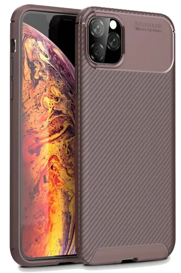 Newface iPhone 11 Pro Max Kılıf Auto Focus Karbon Kapak - Kahverengi resmi