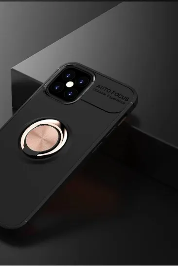 Newface iPhone 12 Mini Kılıf Range Yüzüklü Silikon - Siyah-Gold resmi