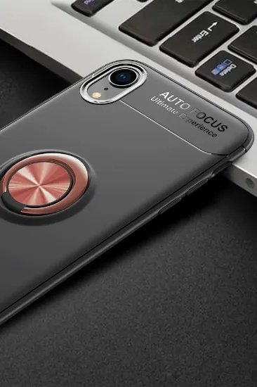 Newface iPhone XR Kılıf Range Yüzüklü Silikon - Siyah-Gold resmi