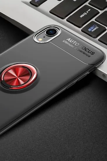 Newface iPhone XR Kılıf Range Yüzüklü Silikon - Siyah-Kırmızı resmi