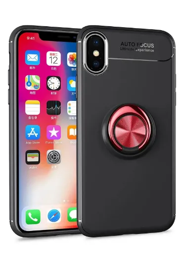 Newface iPhone XS Max Kılıf Range Yüzüklü Silikon - Siyah-Kırmızı resmi