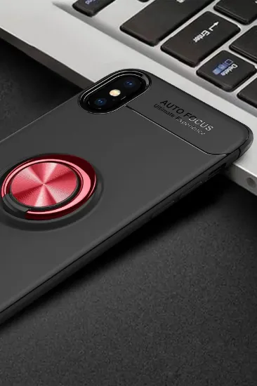 Newface iPhone XS Max Kılıf Range Yüzüklü Silikon - Siyah-Kırmızı resmi