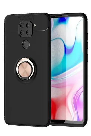 Newface Xiaomi Redmi Note 9 Kılıf Range Yüzüklü Silikon - Siyah-Gold resmi