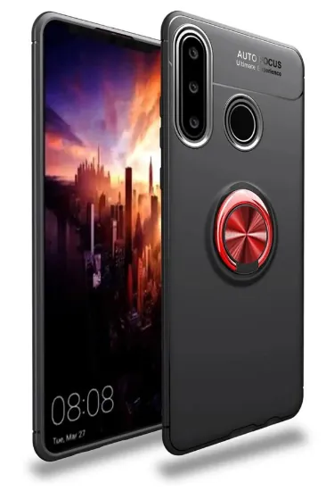 Newface Huawei Y6P Kılıf Range Yüzüklü Silikon - Siyah-Kırmızı resmi