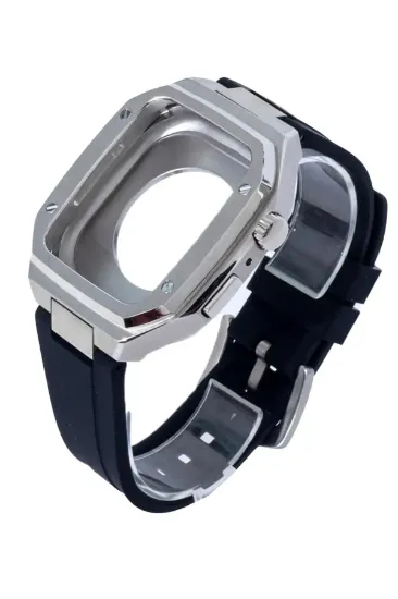 Newface Apple Watch 44mm KR402 Metal Kasa Silikon Kordon - Gümüş resmi